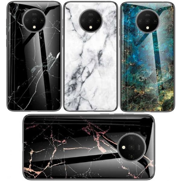 OnePlus 7T Marble Shell 9H hærdet glas bagside glas bagside V2 Svart/Vit
