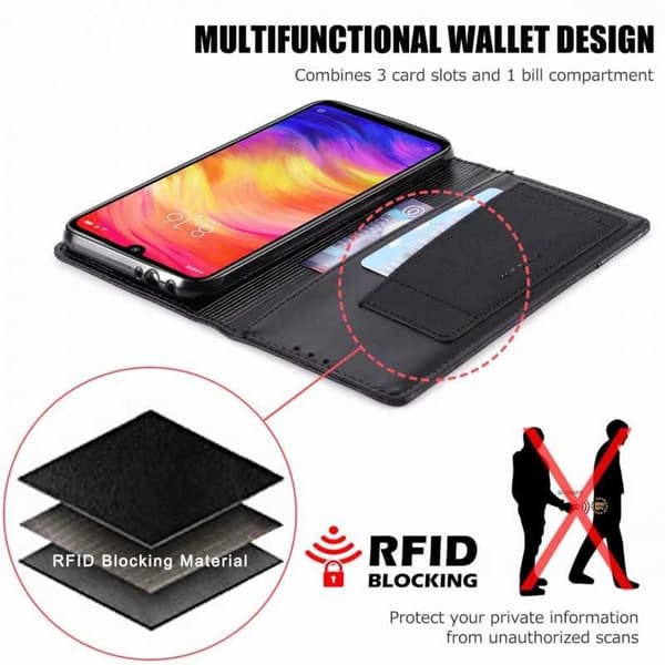 Xiaomi Redmi Note 7 Elegant sag i PU -læder med RFID -blok