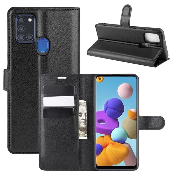 Samsung Galaxy A21s Kotelo Litchi Musta