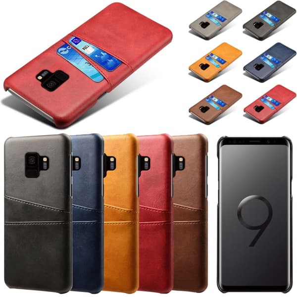 Samsung S9 skydd skal fodral skinn åt kort visa amex mastercard Röd