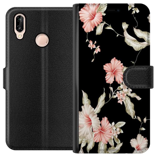 Huawei P20 lite Tegnebogsetui Blomstermønster Sort