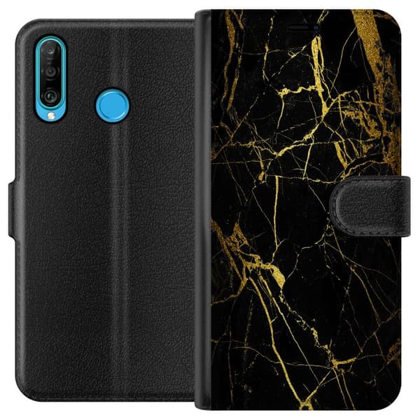 Huawei P30 lite Tegnebogsetui Marmor Sort & Guld