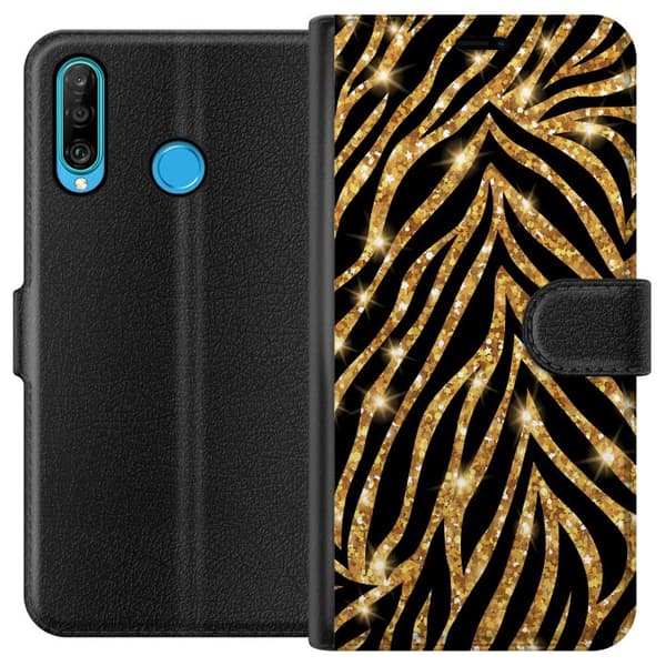 Huawei P30 lite Tegnebogsetui Guld & Glitter
