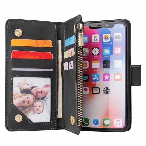 iPhone XS Max Multifunktionellt Plånboksfodral Zipper 8-Fack Vinröd