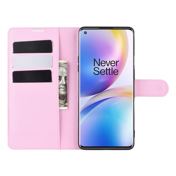 OnePlus 8 Pro - Litchi Plånboksfodral - Ljus Rosa