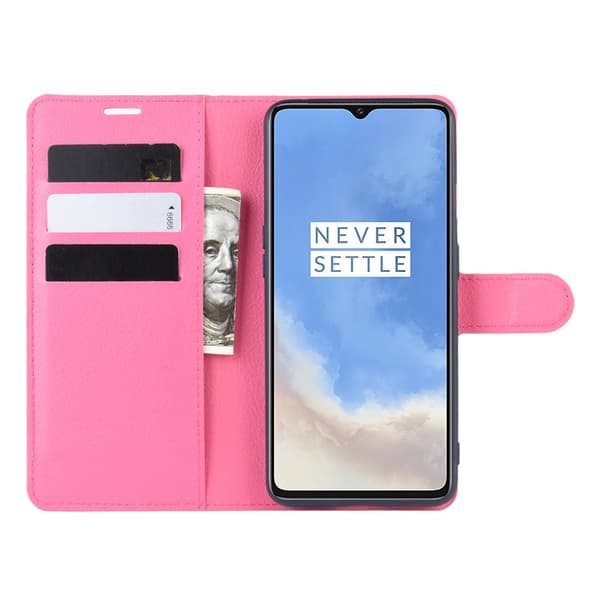 OnePlus 7T - Litchi Plånboksfodral - Rosa