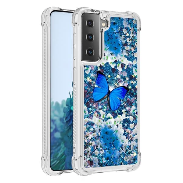 Samsung Galaxy S21 - Shockproof Quicksand Skal - Blå Fjäril