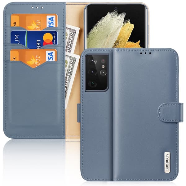 Samsung Galaxy S21 Ultra • Tegnebogskasse • RFID-sikker • Ægte læder • Dux Ducis Hivo • Blå/grå
