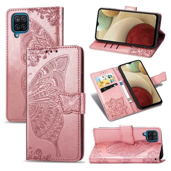Samsung A12 Pung Etui PU Læder 4-LOMMES Motiv Sommerfugl