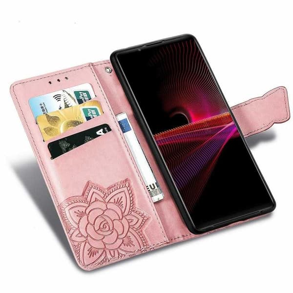Xperia 1 III Pung Etui PU Læder 4-LOMMES Motiv Sommerfugl