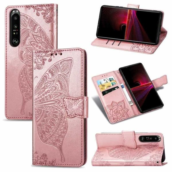 Xperia 1 III Pung Etui PU Læder 4-LOMMES Motiv Sommerfugl