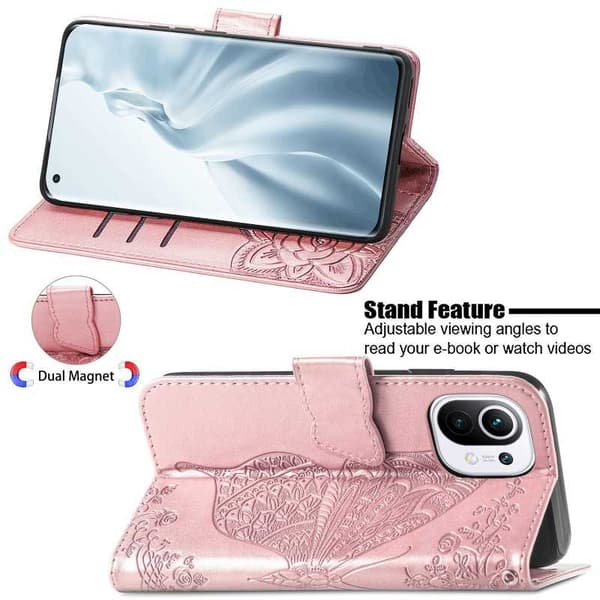 Xiaomi Mi 11 Pung Etui PU Læder 4-LOMMES Motiv Sommerfugl