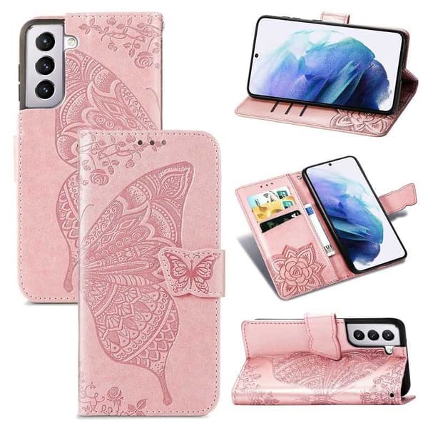 Samsung S21 Pung Etui PU Læder 4-LOMMES Motiv Sommerfugl Rosenguld