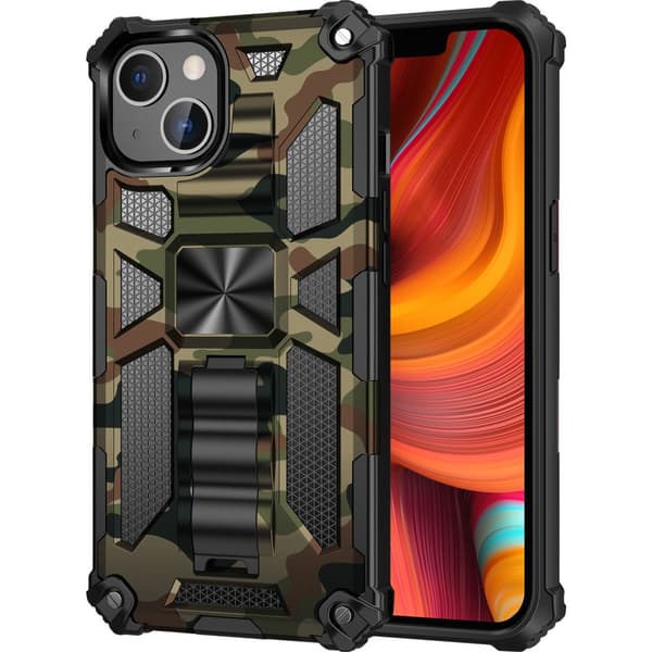 iPhone 13 Pro Max Skal med Metallplatta Stativfunktion Camouflage Grön