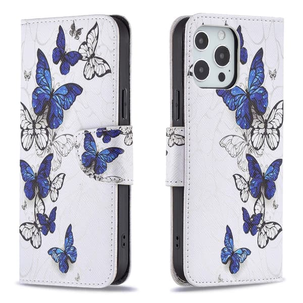 iPhone 13/iPhone 13 Pro Kotelo Aihe Sininen Ja Valkoiset Perhoset.