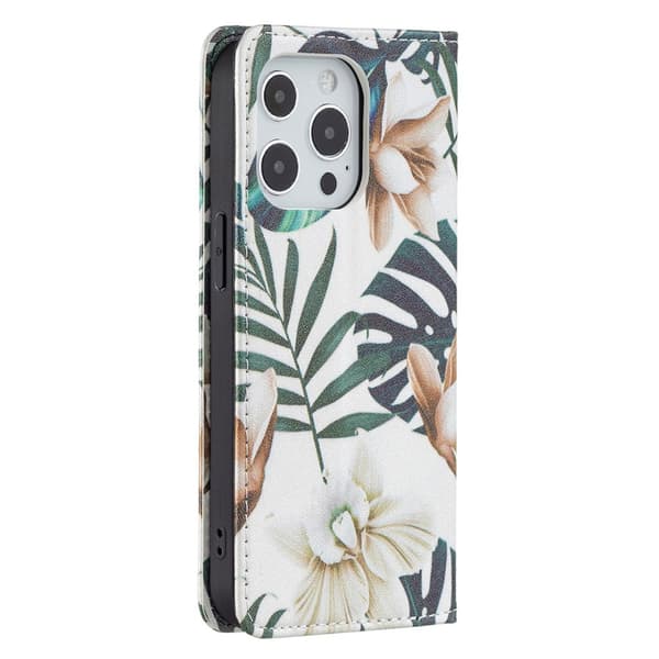 iPhone 13/iPhone 13 Pro Kotelo Flip Aihe Lehdet Ja Kukat