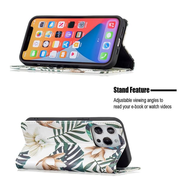 iPhone 13/iPhone 13 Pro Kotelo Flip Aihe Lehdet Ja Kukat