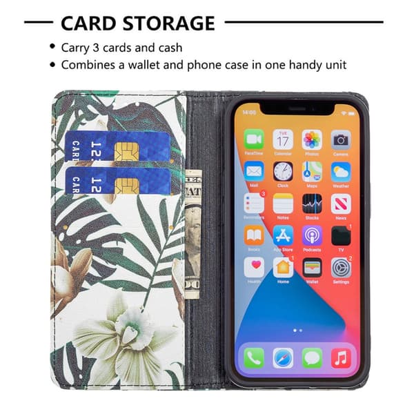iPhone 13/iPhone 13 Pro Kotelo Flip Aihe Lehdet Ja Kukat