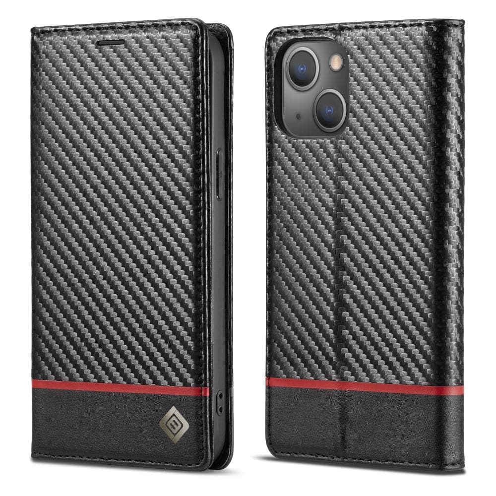 LC.IMEEKE Carbon Fiber Plånboksfodral för iPhone 13 - Horizontal Red Stripe