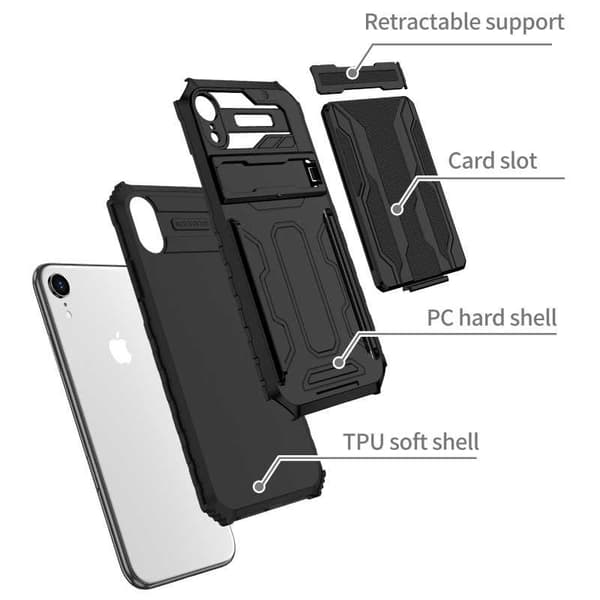 iPhone XR Iskunkestävä kansi Jalusta ja korttipaikka ThinArmor V3