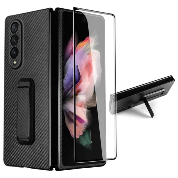 Samsung Galaxy Z Fold3 5G skal med ett skärmskydd och ett stativ - Svart