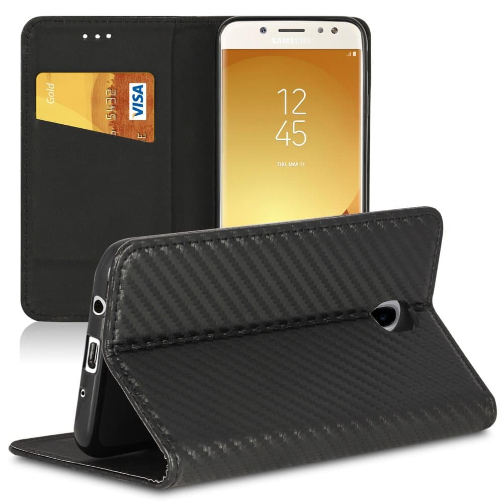 Kolfiber fodral för Samsung Galaxy J5 (2017) J530 Konstläder Magnetlås Svart