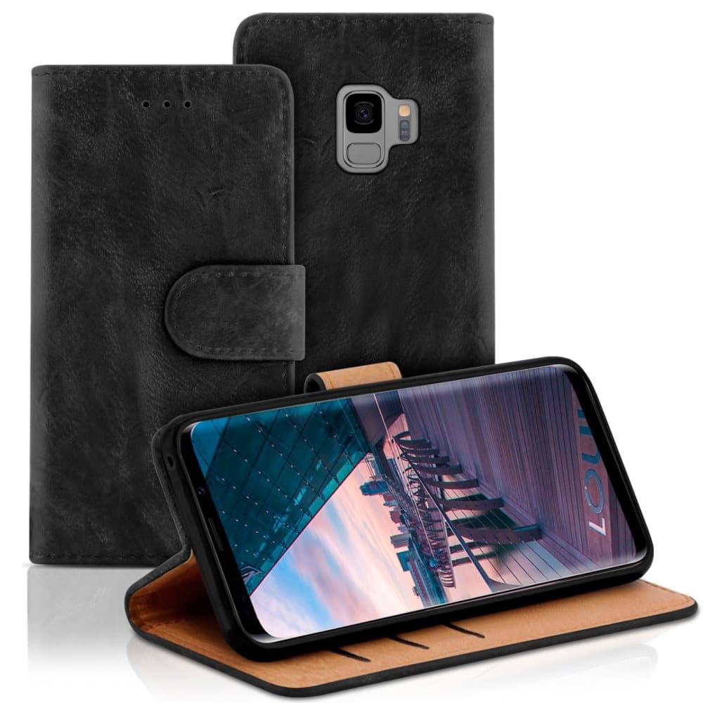 Vintage plånbok för Samsung Galaxy S9 Konstläder Kortfack Magnetlås Flott Svart