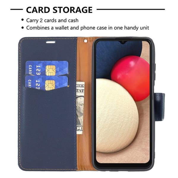 SKALO Samsung A02s / A03s Premium Litchi Flip Cover - Blå