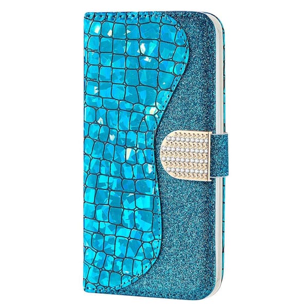 SKALO iPhone 13 Mini Croco Glittery tegnebog etui  - Blå