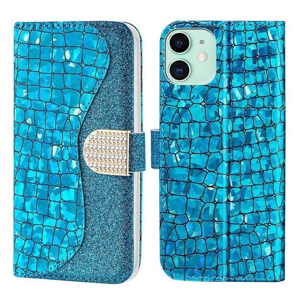 SKALO iPhone 13 Mini Croco Glittery tegnebog etui - Blå