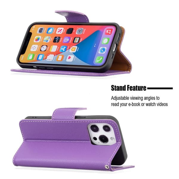 SKALO iPhone 13 Pro Premium Litchi Flip Cover - Lilla