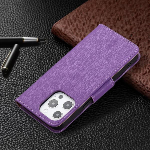 SKALO iPhone 13 Pro Premium Litchi Flip Cover - Lilla
