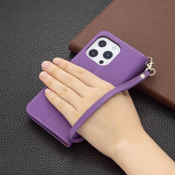 SKALO iPhone 13 Pro Premium Litchi Flip Cover - Lilla