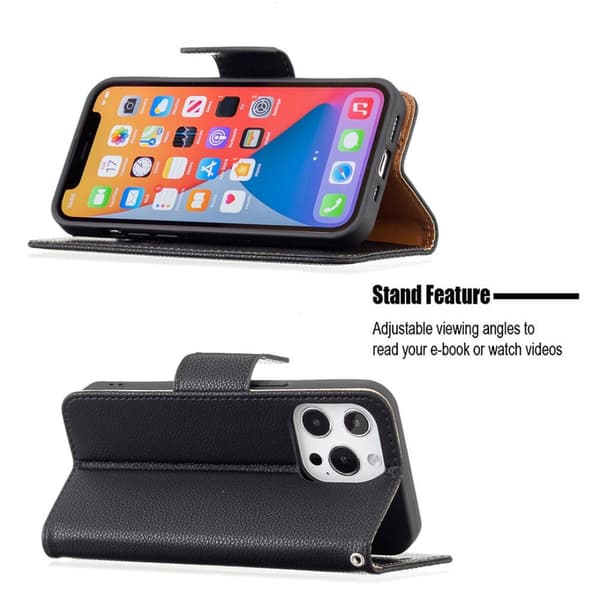 SKALO iPhone 13 Pro Premium Litchi Flip Cover - Sort