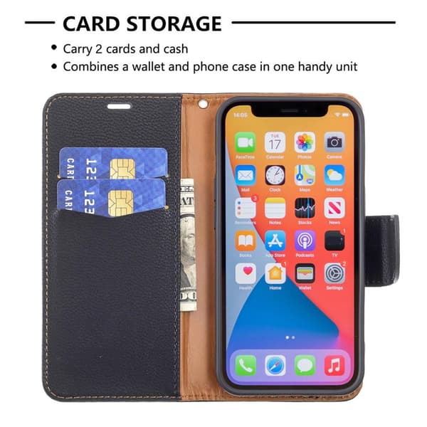 SKALO iPhone 13 Pro Premium Litchi Flip Cover - Sort