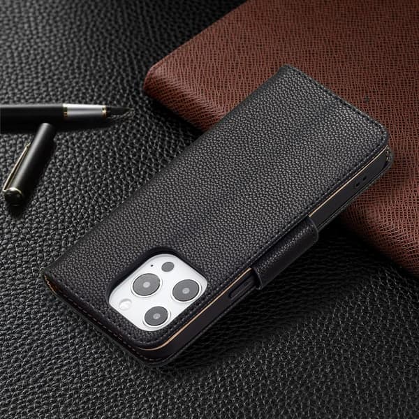 SKALO iPhone 13 Pro Premium Litchi Flip Cover - Sort