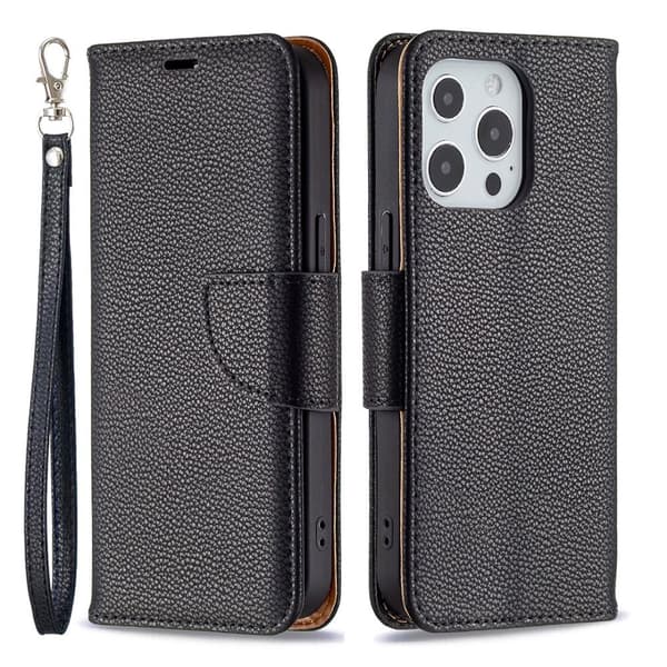 SKALO iPhone 13 Pro Premium Litchi Flip Cover - Sort