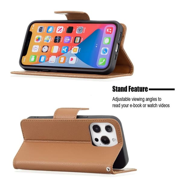SKALO iPhone 13 Pro Premium Litchi Flip Cover - Brun