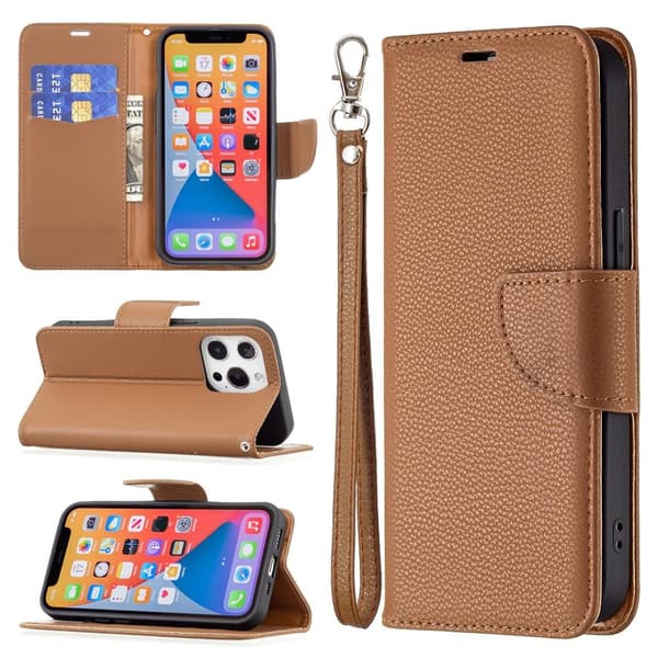 SKALO iPhone 13 Pro Premium Litchi Flip Cover - Brun