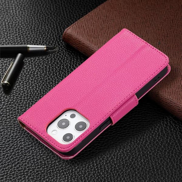SKALO iPhone 13 Pro Premium Litchi Flip Cover - Cerise