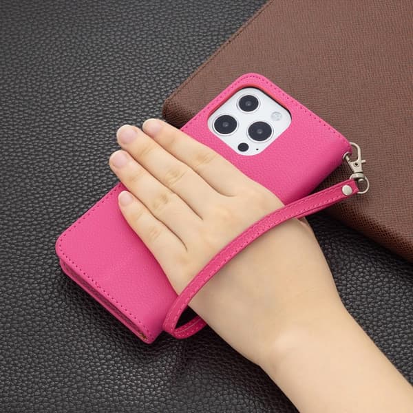 SKALO iPhone 13 Pro Premium Litchi Flip Cover - Cerise