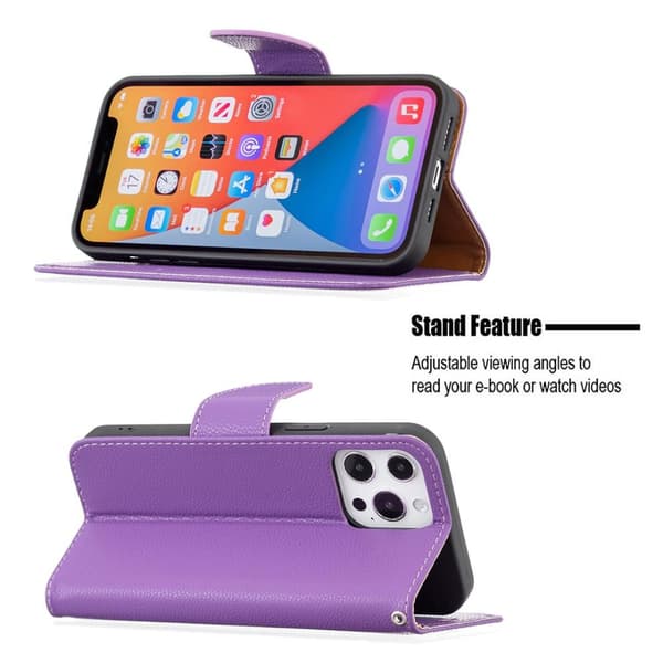 SKALO iPhone 13 Pro Max Premium Litchi Flip Cover - Lilla