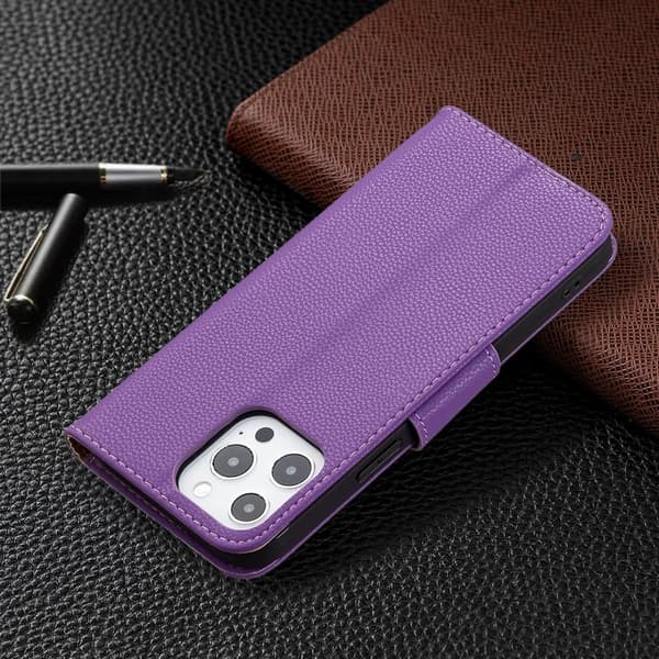 SKALO iPhone 13 Pro Max Premium Litchi Flip Cover - Lilla