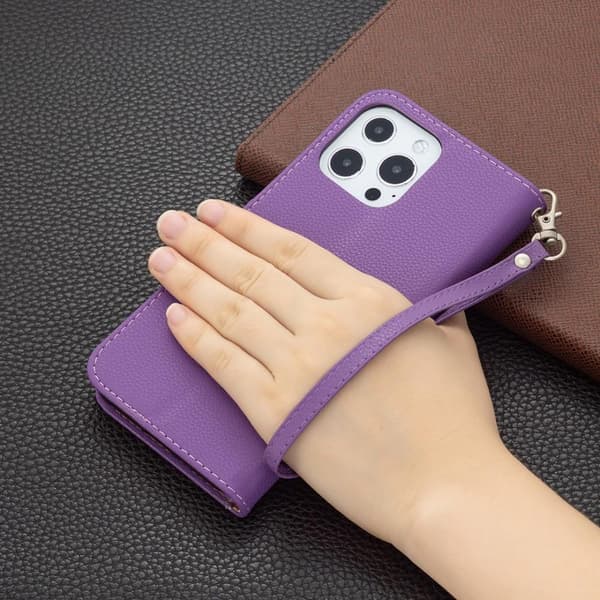 SKALO iPhone 13 Pro Max Premium Litchi Flip Cover - Lilla
