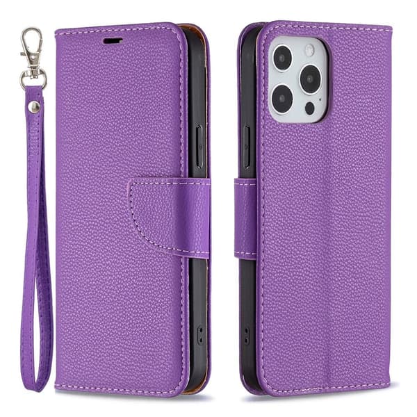 SKALO iPhone 13 Pro Max Premium Litchi Flip Cover - Lilla