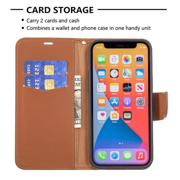 SKALO iPhone 13 Pro Max Premium Litchi Flip Cover - Brun