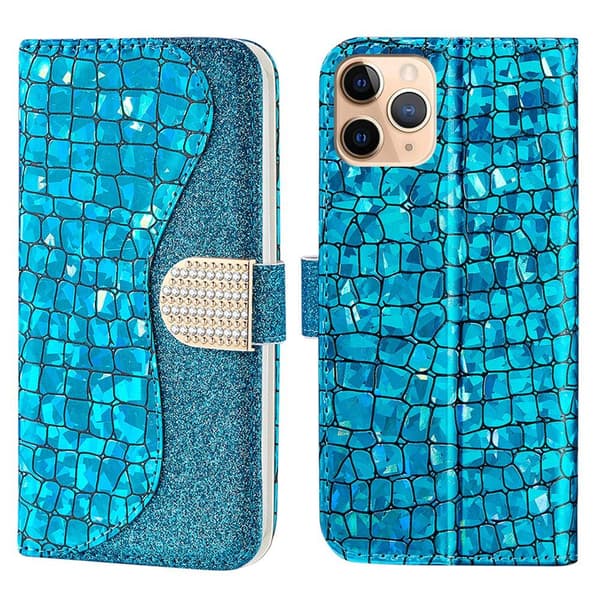 SKALO iPhone 13 Pro Max Croco Glittery tegnebog etui - Blå