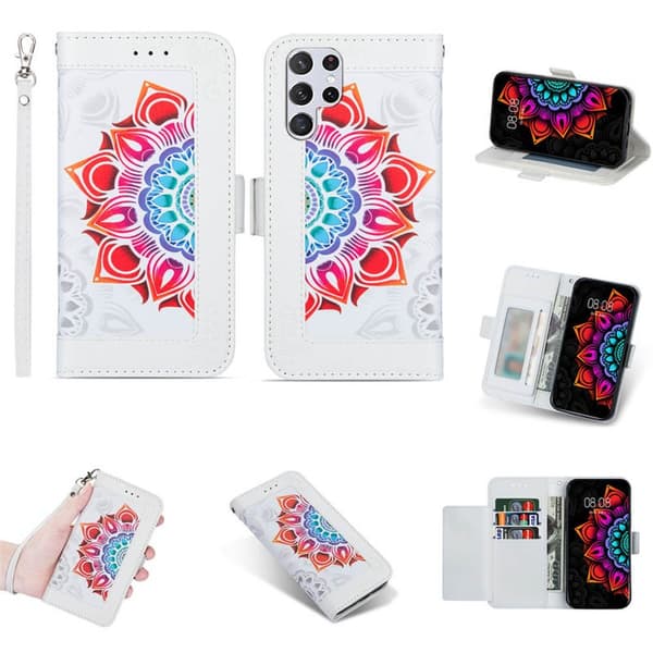 Flower wallet cover 4-kort Samsung Galaxy S22 Ultra - Hvid
