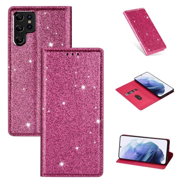 Glitter Smart FlipCase Samsung Galaxy S22 Ultra : farve - lyserød