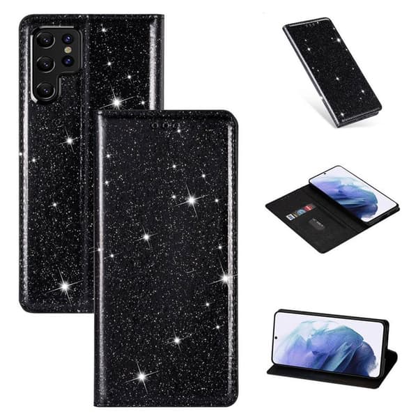Glitter Smart FlipCase Samsung Galaxy S22 Ultra : farve - sort